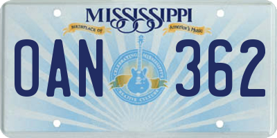 MS license plate OAN362
