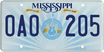 MS license plate OAO205