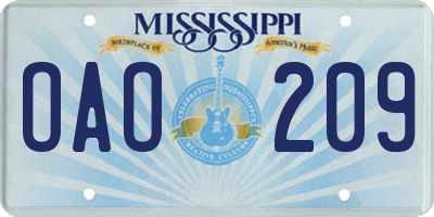 MS license plate OAO209