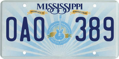 MS license plate OAO389