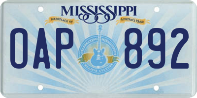 MS license plate OAP892