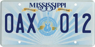 MS license plate OAX012