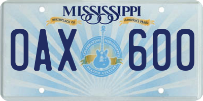 MS license plate OAX600
