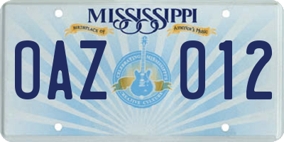 MS license plate OAZ012