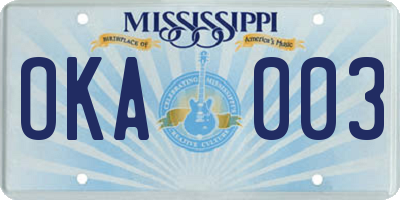 MS license plate OKA003