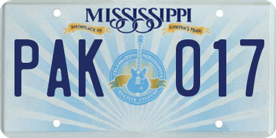 MS license plate PAK017
