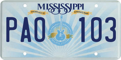 MS license plate PAO103