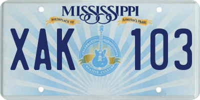 MS license plate XAK103