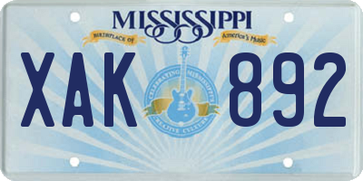 MS license plate XAK892