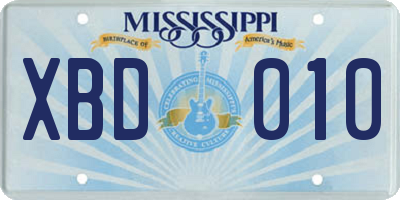 MS license plate XBD010