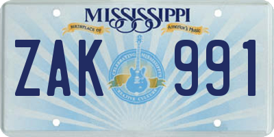 MS license plate ZAK991