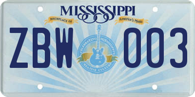 MS license plate ZBW003