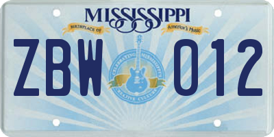MS license plate ZBW012