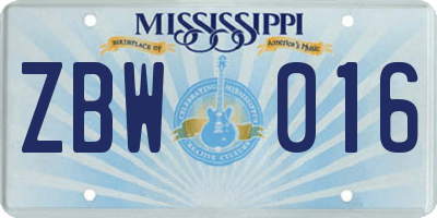 MS license plate ZBW016