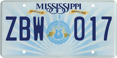 MS license plate ZBW017