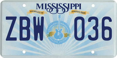 MS license plate ZBW036