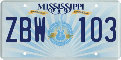 MS license plate ZBW103