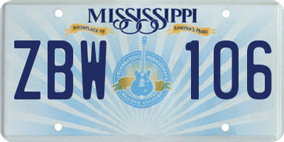 MS license plate ZBW106