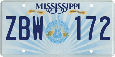 MS license plate ZBW172
