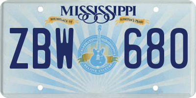 MS license plate ZBW680