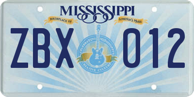 MS license plate ZBX012