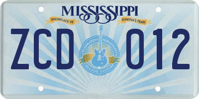 MS license plate ZCD012