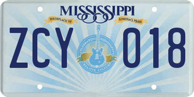 MS license plate ZCY018