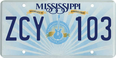 MS license plate ZCY103