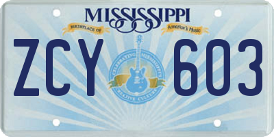 MS license plate ZCY603