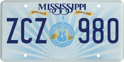 MS license plate ZCZ980
