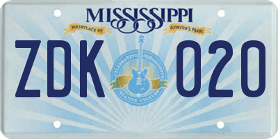 MS license plate ZDK020
