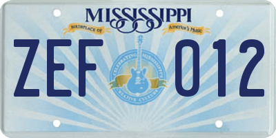 MS license plate ZEF012