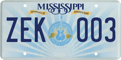 MS license plate ZEK003