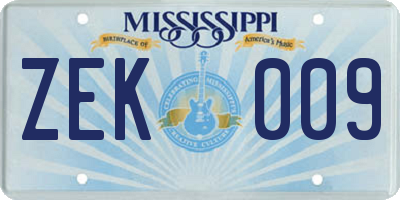 MS license plate ZEK009