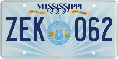 MS license plate ZEK062