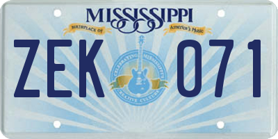 MS license plate ZEK071