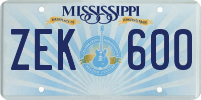 MS license plate ZEK600