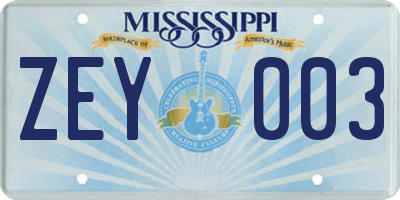 MS license plate ZEY003