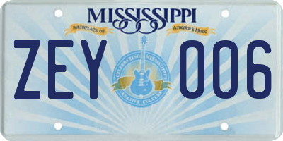 MS license plate ZEY006