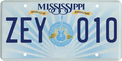 MS license plate ZEY010