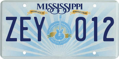 MS license plate ZEY012