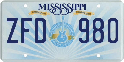 MS license plate ZFD980