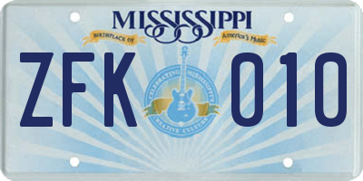 MS license plate ZFK010