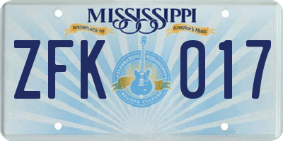 MS license plate ZFK017