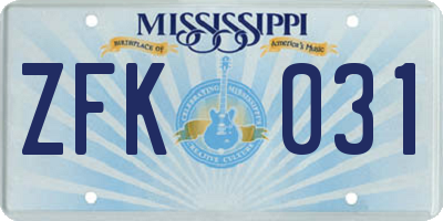 MS license plate ZFK031