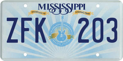 MS license plate ZFK203
