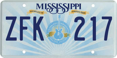 MS license plate ZFK217