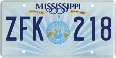 MS license plate ZFK218