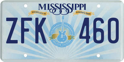 MS license plate ZFK460
