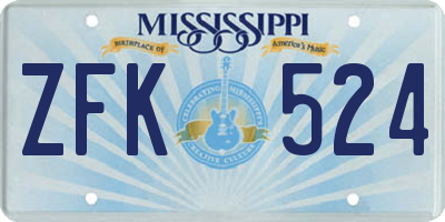 MS license plate ZFK524